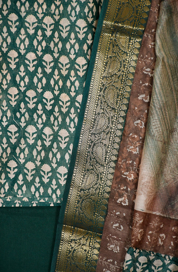 Green and Beige Pure Silk Chanderi Unstitched Suit Set