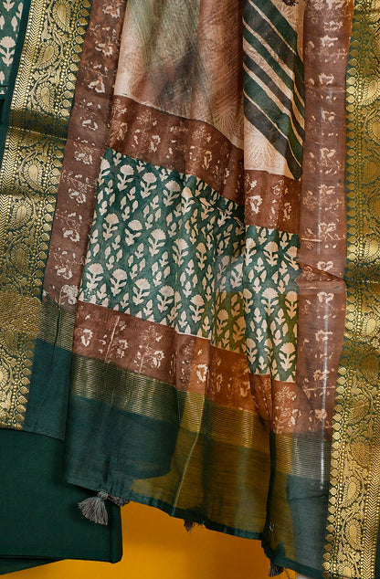 Green and Beige Pure Silk Chanderi Unstitched Suit Set