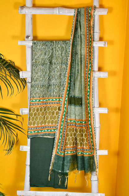 Green and Mustard Pure Silk Chanderi Unstitched Suit Set
