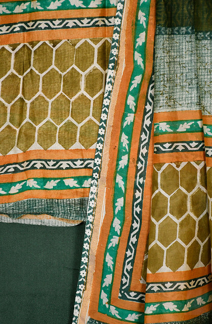 Green and Mustard Pure Silk Chanderi Unstitched Suit Set