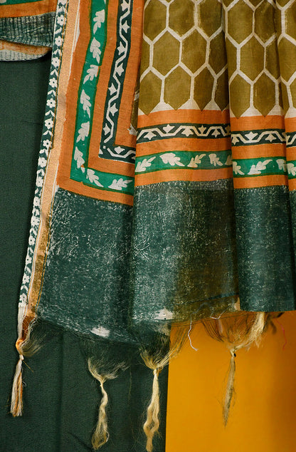 Green and Mustard Pure Silk Chanderi Unstitched Suit Set