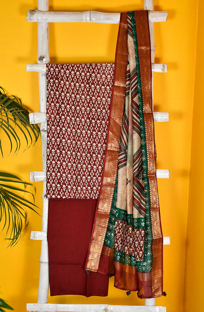 Maroon Pure Silk Chanderi Unstitched Suit Set