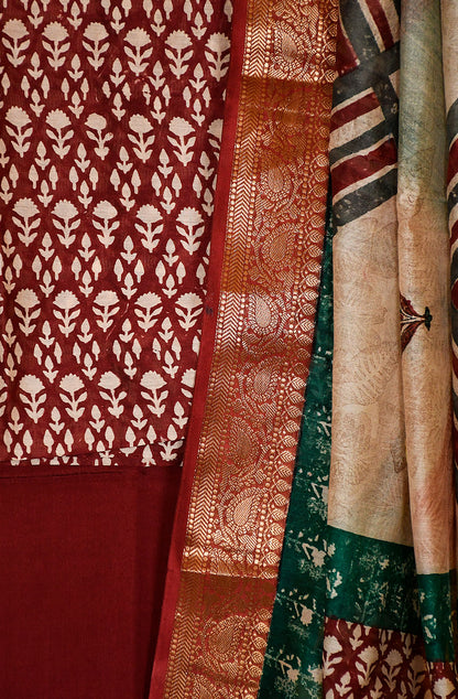 Maroon Pure Silk Chanderi Unstitched Suit Set