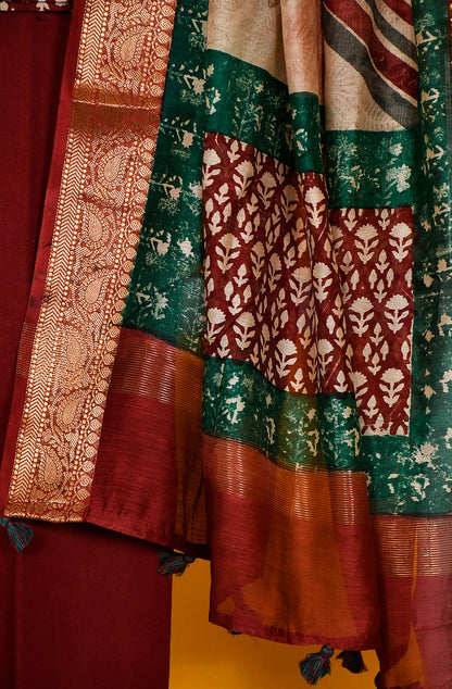 Maroon Pure Silk Chanderi Unstitched Suit Set