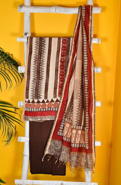 Beige and Brown Pure Silk Chanderi Unstitched Suit Set