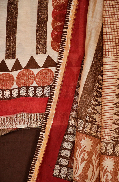 Beige and Brown Pure Silk Chanderi Unstitched Suit Set