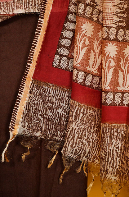Beige and Brown Pure Silk Chanderi Unstitched Suit Set