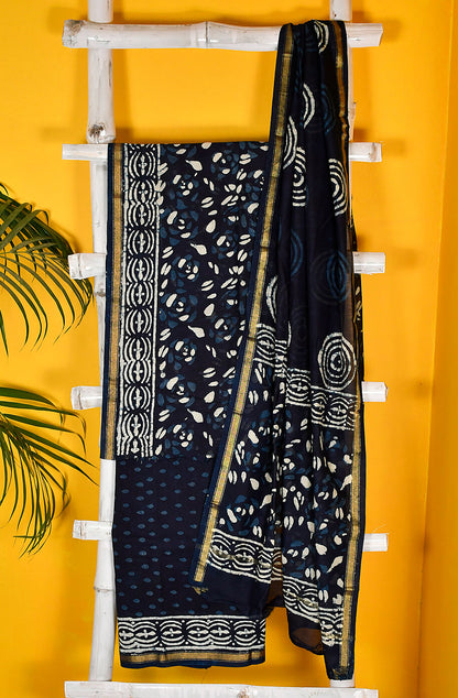 Navy Blue Pure Silk Chanderi Unstitched Suit Set