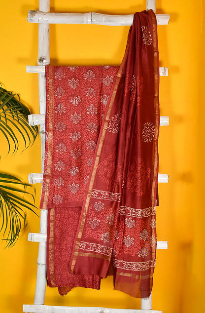 Maroon Pure Silk Chanderi Unstitched Suit Set