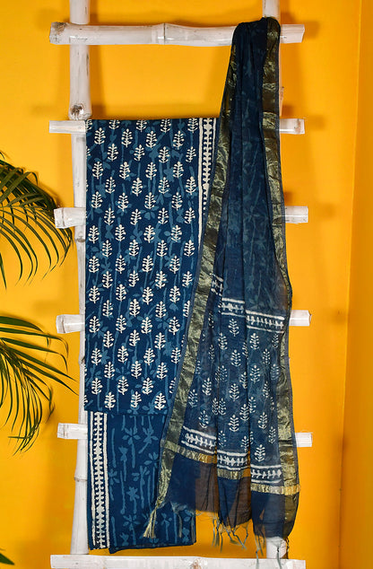 Indigo Pure Cotton Unstitched Suit Set