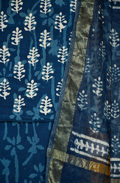 Indigo Pure Cotton Unstitched Suit Set