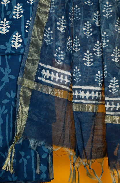 Indigo Pure Cotton Unstitched Suit Set