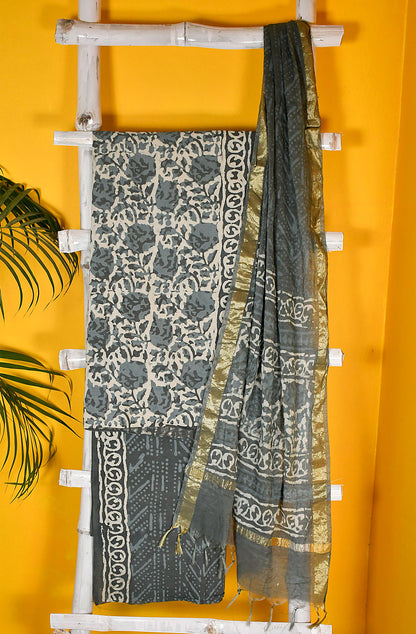 Off White and Grey Pure Cotton Unstitched Suit Set