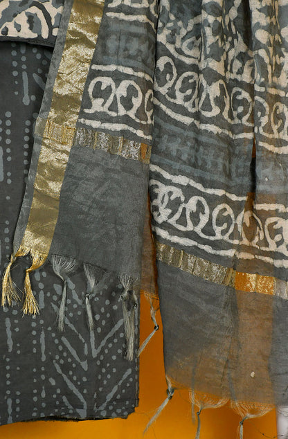 Off White and Grey Pure Cotton Unstitched Suit Set