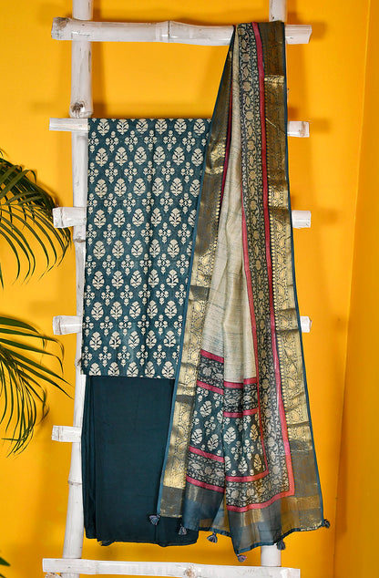 Ocean Blue and Beige Pure Silk Chanderi Unstitched Suit Set