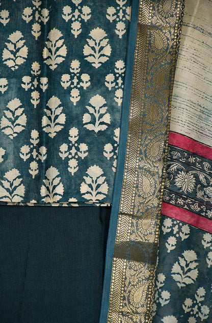 Ocean Blue and Beige Pure Silk Chanderi Unstitched Suit Set