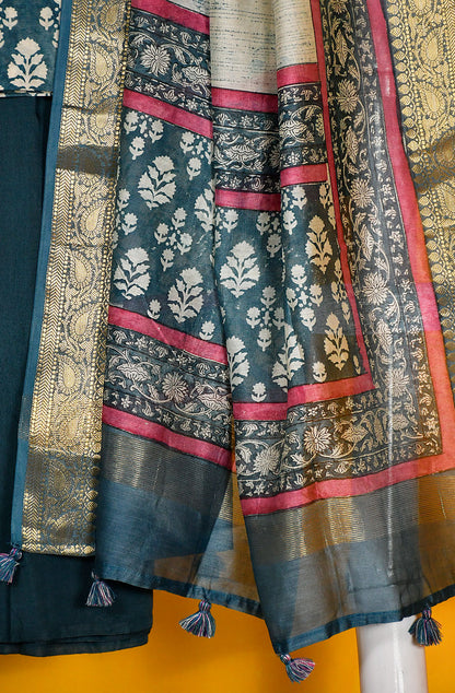 Ocean Blue and Beige Pure Silk Chanderi Unstitched Suit Set