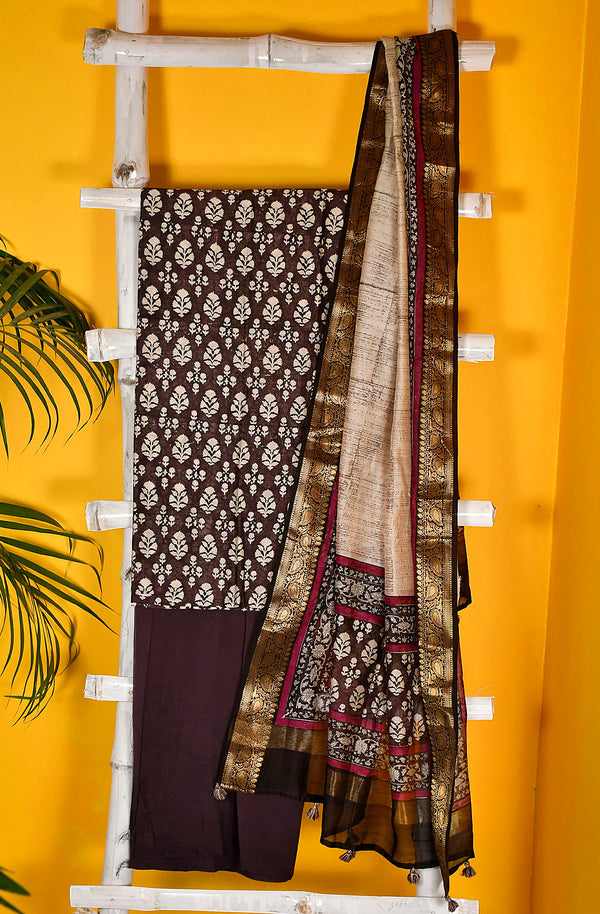 Dark Brown Pure Silk Chanderi Unstitched Suit Set