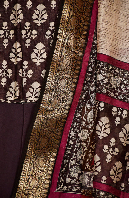 Dark Brown Pure Silk Chanderi Unstitched Suit Set