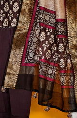 Dark Brown Pure Silk Chanderi Unstitched Suit Set