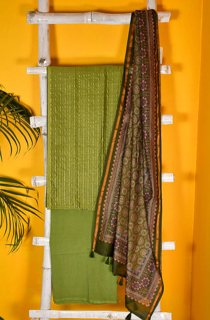 Olive Green Pure Silk Chanderi Unstitched Suit Set