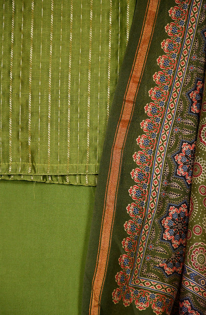Olive Green Pure Silk Chanderi Unstitched Suit Set