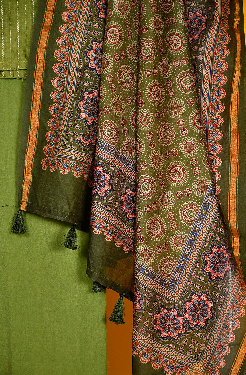 Olive Green Pure Silk Chanderi Unstitched Suit Set