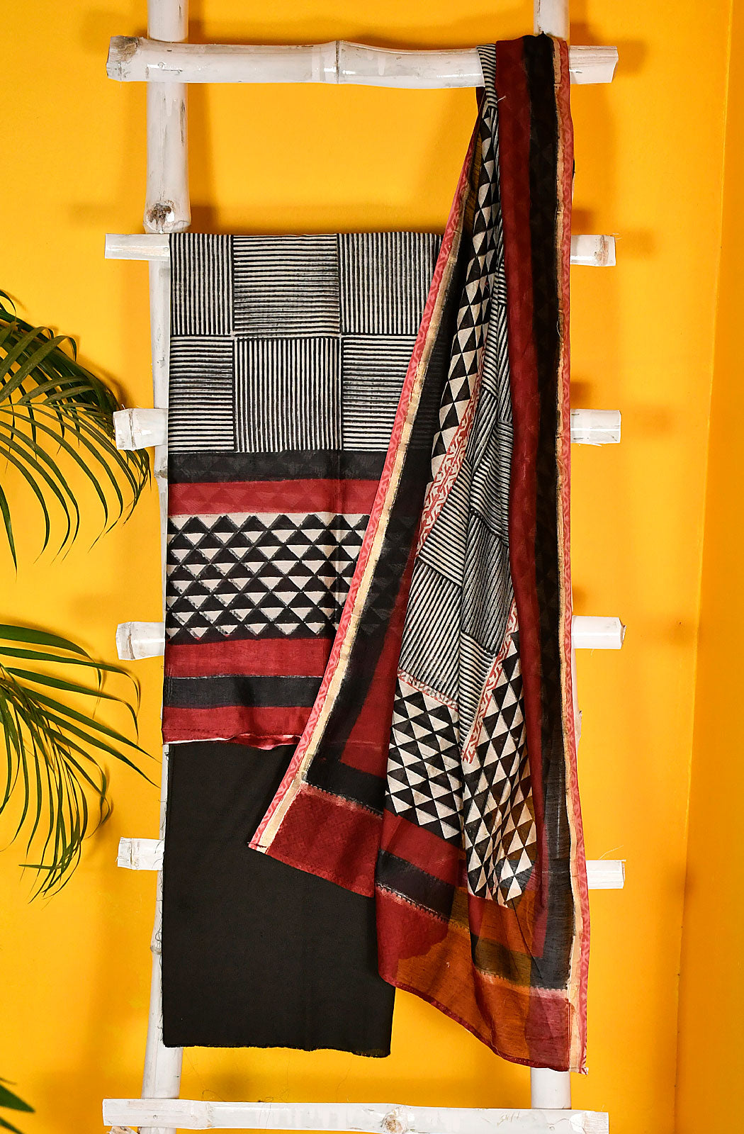 Black and Mahroon Pure Silk Chande Unstitched Suit Set - Naksheband