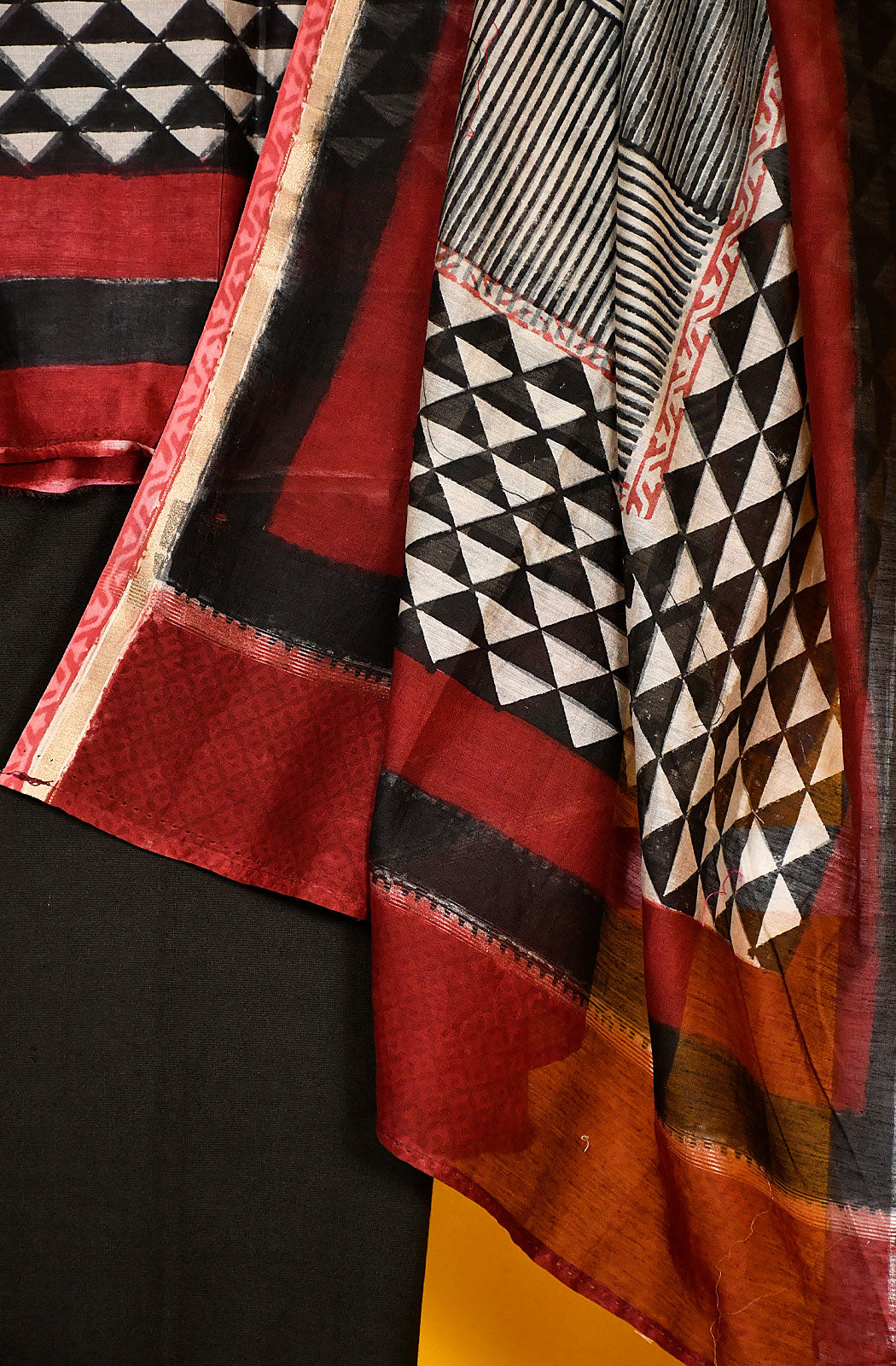 Black and Mahroon Pure Silk Chande Unstitched Suit Set - Naksheband