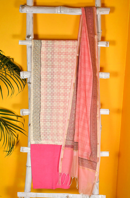 Cream and Pink Pure Cotton Unstitched Suit Set