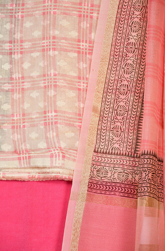 Cream and Pink Pure Cotton Unstitched Suit Set