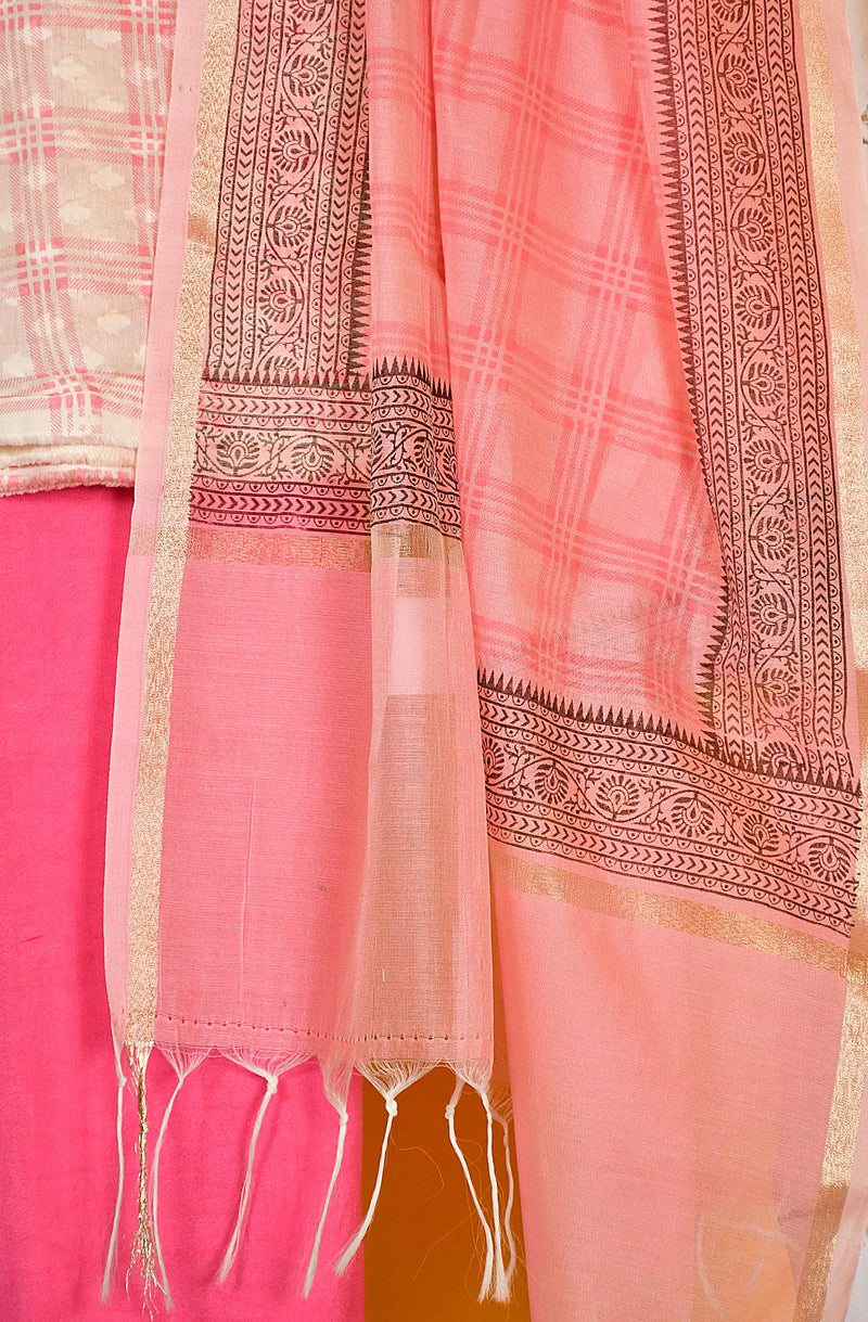 Cream and Pink Pure Cotton Unstitched Suit Set