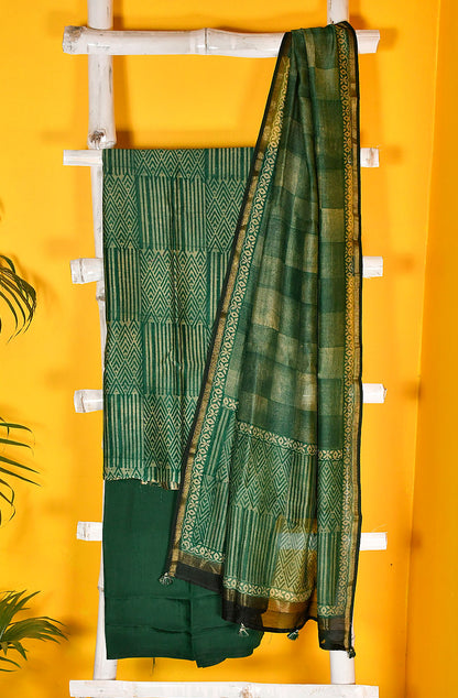 Dark Green Pure Silk Chanderi Unstitched Suit Set