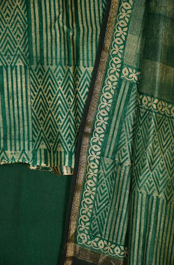 Dark Green Pure Silk Chanderi Unstitched Suit Set