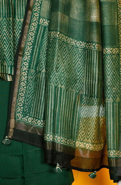 Dark Green Pure Silk Chanderi Unstitched Suit Set