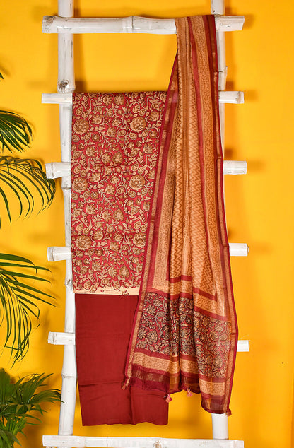 Beige and Maroon Pure Silk Chanderi Unstitched Suit Set