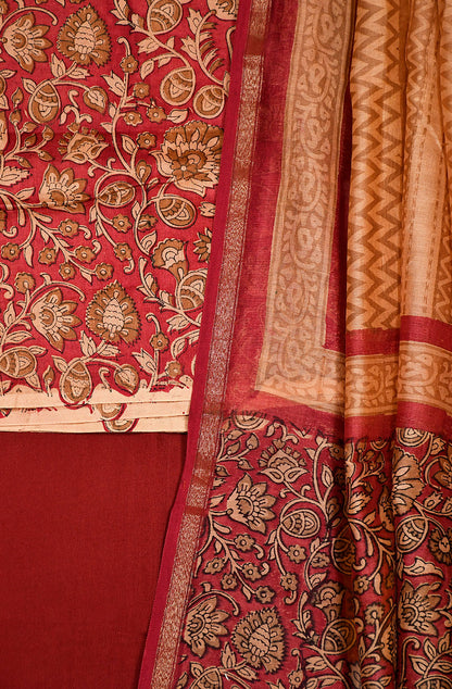 Beige and Maroon Pure Silk Chanderi Unstitched Suit Set