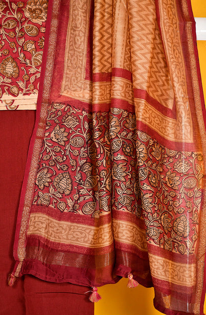 Beige and Maroon Pure Silk Chanderi Unstitched Suit Set