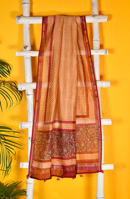 Beige and Maroon Pure Silk Chanderi Unstitched Suit Set
