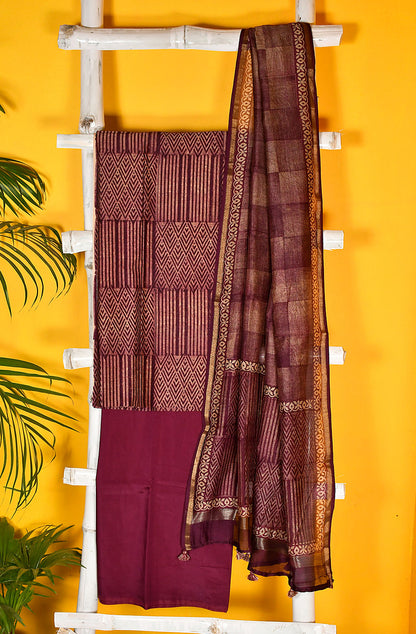 Dark Magenta and Beige Pure Silk Chanderi Unstitched Suit Set