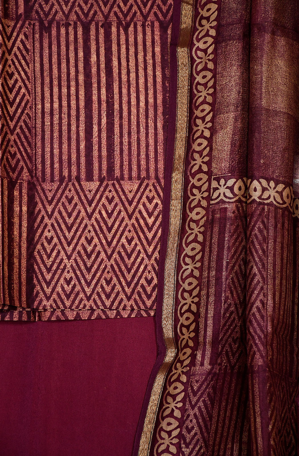 Dark Magenta and Beige Pure Silk Chanderi Unstitched Suit Set