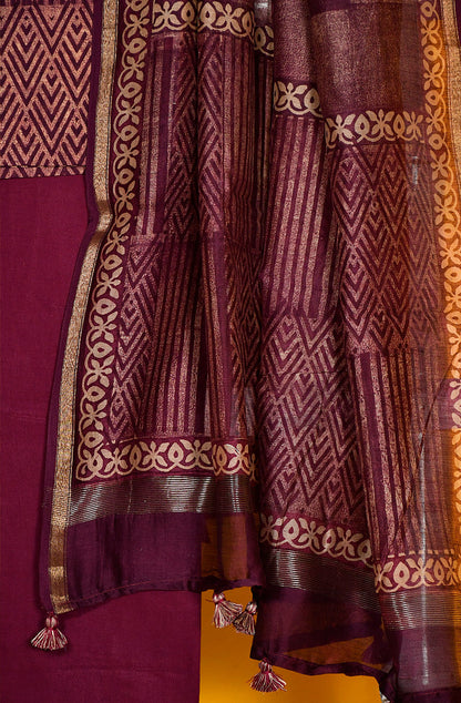 Dark Magenta and Beige Pure Silk Chanderi Unstitched Suit Set