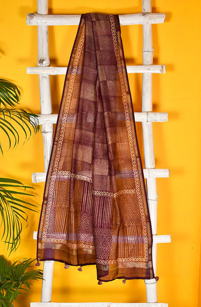 Dark Magenta and Beige Pure Silk Chanderi Unstitched Suit Set