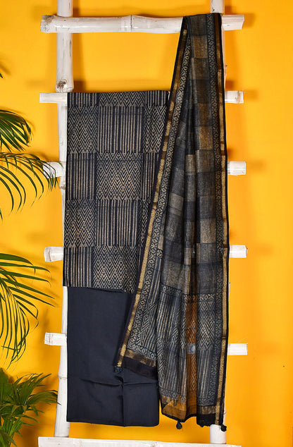 Navy Blue Pure Silk Chanderi Unstitched Suit Set
