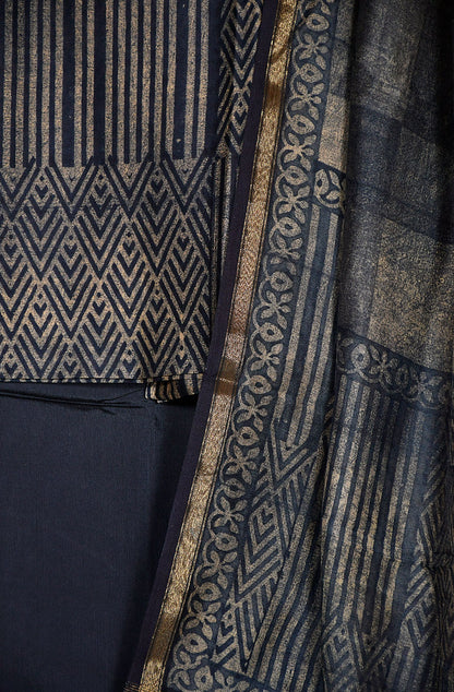 Navy Blue Pure Silk Chanderi Unstitched Suit Set