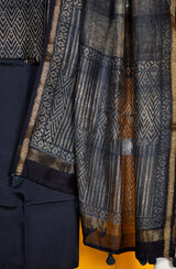 Navy Blue Pure Silk Chanderi Unstitched Suit Set