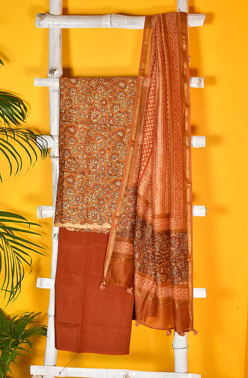 Mustard and Rust Pure Silk Chanderi Unstitched Suit Set