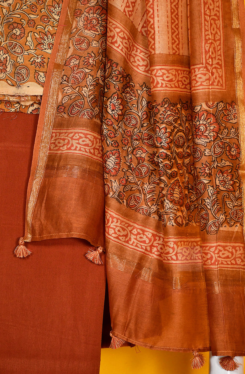 Mustard and Rust Pure Silk Chanderi Unstitched Suit Set
