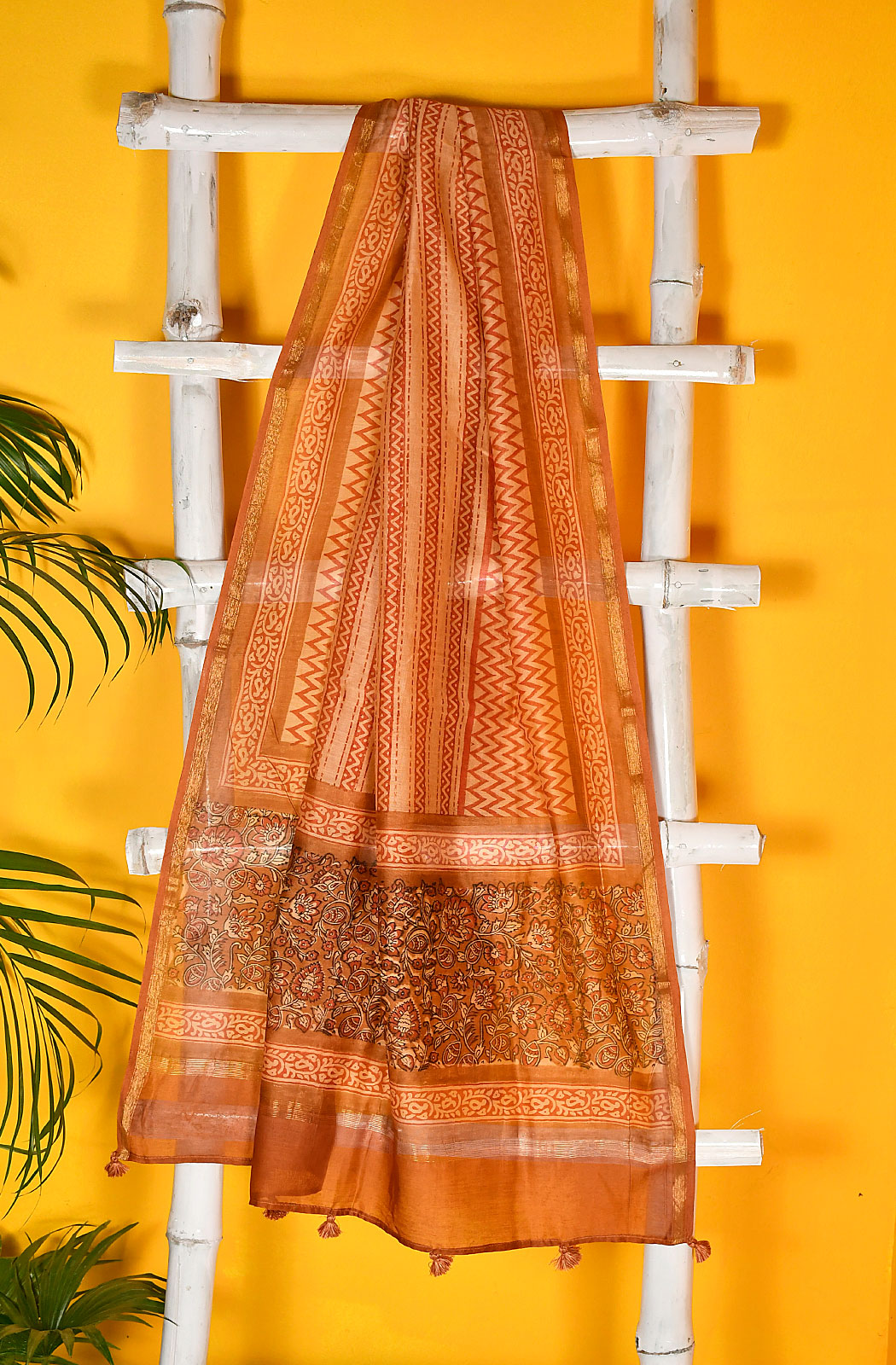 Mustard and Rust Pure Silk Chanderi Unstitched Suit Set