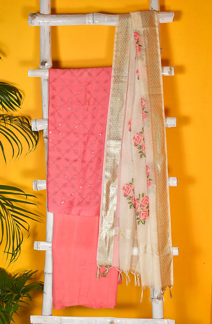 Peach Pink Palm Silk Unstitched Suit Set